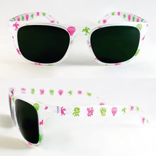 Cargar imagen en el visor de la galería, Gafas falleras blancas con cristales negros y motivos de peinetas, pardalets y flores en rosa y verde para fiestas valencianas y alicantinas
