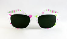 Cargar imagen en el visor de la galería, Gafas falleras blancas con cristales negros y dibujos de pardalets, peinetas y flores para fiestas valencianas y alicantinas

