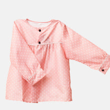 Cargar imagen en el visor de la galería, Blusón fallero para bebé en color rosa con lunares blancos, ideal para indumentaria tradicional infantil valenciana y fiestas falleras

